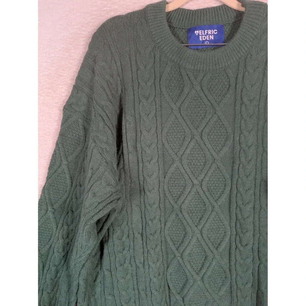 Elfric Eden Sweater Men's L Green Cable Knit Crew Neck Relaxed Fit Geometric